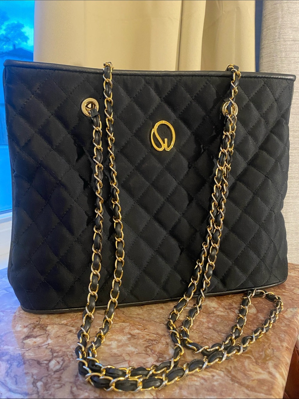 St. John Black Quilted Chain-Handle Tote Bag with Gold Hardware